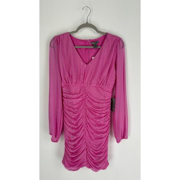 Love X Design Womens Super Pink Ruched Bodycon Dress Long Sleeve Size Medium NWT - Picture 8 of 11